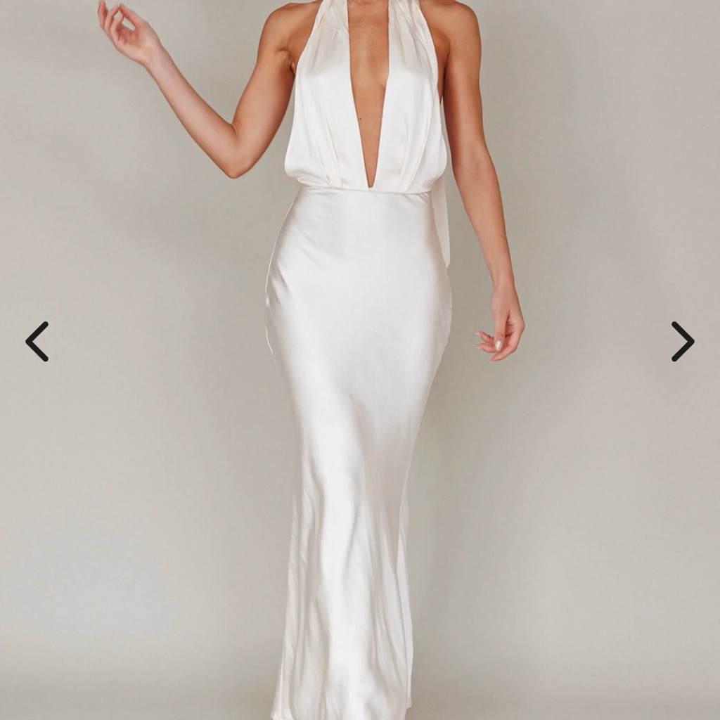 Selfie Leslie White Backless Halter Satin Gown